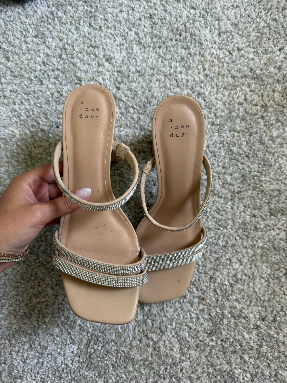 Nude Rhinestone Strap Heeled Sandals
